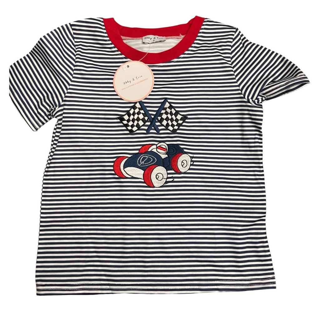 Abby & Evie Kids Navy White Striped Race Car Embroidered‎ T-Shirt Size 3 NWT